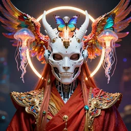 symmetrical beautiful phoenix princess monk in robe face portrait in biomechanical mask of a cyberpunk demon by Roberto Ferri. Edison bulb. white plastic. human skull jellyfish butterfly phoenix head. burning water. baroque ornament details, intricate artwork by Tooth Wu and wlop and beeple and dan mumford and greg rutkowski. halo. octane render, cinematic, hyper realism, octane render, 8k, depth of field, bokeh. iridescent touch. vibrant. saturated. blade runner style