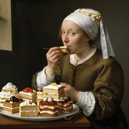 a woman eating hundreds of cakes, by Jan van Eyck