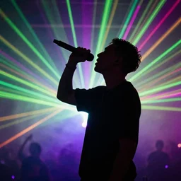 arm holding microphone, epic pose, profile view, silhouetted, distinct figure, psychedelic hip-hop, laser light show, fog, beams of light