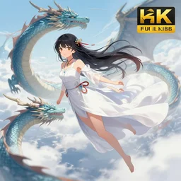 anime girl with a white long dress flies with a dragon, pixiv digital art, 4 k, trending on artstation