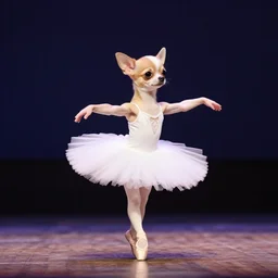 photograph of a dainty elegant chihuahua ballerina, dancing on a wooden stage, dramatic stage lighting