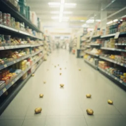 Beautiful Liminal Grainy foggy disposable-camera Photograph of a infinite Mall with many potatoes on the floor