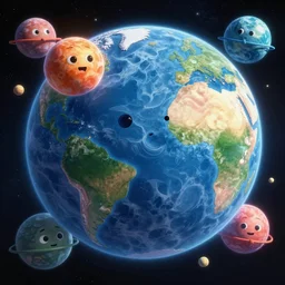 outer space view of living planets with cartoon faces, style by kurzgesagt and pixar and dreamworks and disney
