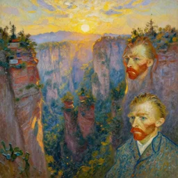 a digital fine art painting of a zhangjiajie at golden hour, a detailed matte painting by vincent van gogh and claude monet and thomas kinkade and bob ross. paint spatters, paint drips, paint stippling, paint dribble, paint speckling. dry brush and wet brush. rich texture, rich vivid color.