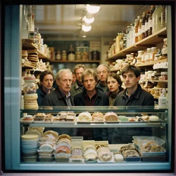 kodak portra 4 0 0, muted colours portrait of a deep view inside a french bakery by saul leiter, a bunch of people stare, insanely detailed, insanely intricate, depth of field