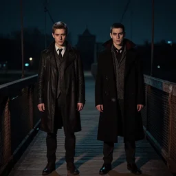 two young men, one man human, one man vampire, night, on a birdge in the style of onc piece