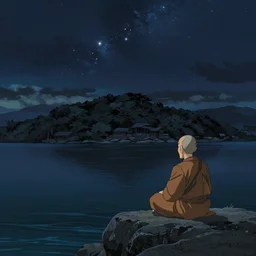 a wide shot film still of matsushima bay on a starry night. an old monk is nearby. perfect art, grimdark, trending on pixiv fanbox, painted by studio ghibli
