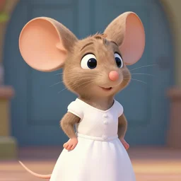 a tan anthropomorphic mouse female in a white dress with tan ears, in the style of zootopia