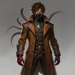 a highly detailed illustration of thick curly haired young guy wearing brown coat and face mask, with red and blue biker gloves, with wire tentacles on his back, dramatic standing pose, intricate, elegant, highly detailed, centered, digital painting, artstation, concept art, smooth, sharp focus, league of legends concept art, WLOP