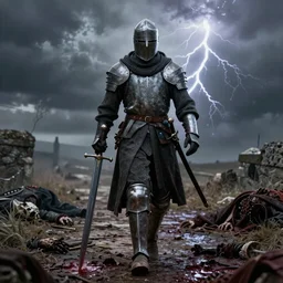 A medieval knight walking on death row road, holding his massive sword in left hand, high detail, hyper realistic, blood and dead bodies, 8(, HD, lightning background
