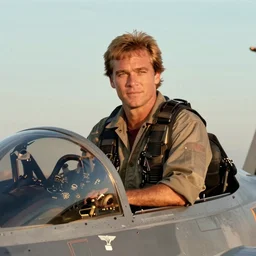 Portrait  30 year old Bill Paxton, with flat top hair style, in the cockpit of a fighter jet, golden hour, film still from Top Gun 1986