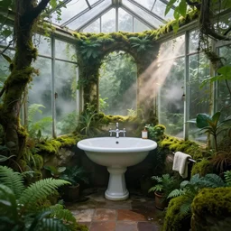 traditional bathroom in a greenhouse, misty, reflections, glass windows, plants, moss, dramatic lighting, highly detailed, intricate, digital art, atmospheric, vibrant colors, godrays, fantasy, trending on artstation