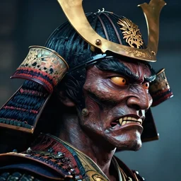 a profile picture of powerful japanese samurai monster, detailed face, portrait, face symmetry, character concept portrait by moebius and laurie greasley, profile picture, 8 k, cinematic color grading