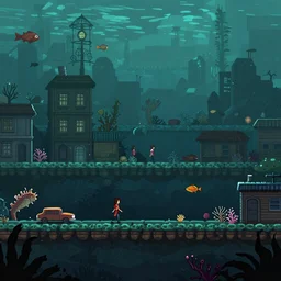 a dreary side scrolling apocalyptic underwater crowded seaside town covered in coral and fish in the style of night in the woods the video game