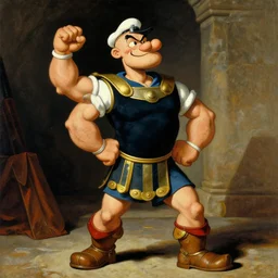 popeye as a gladiator in ancient rome, masterpiece, dramatic light and shadow, saturated colors, ciaroscuro. painted by norman rockwell