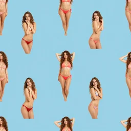 wallpaper seamless pattern of beautiful women in bikini in various poses, realistic photo, blue background
