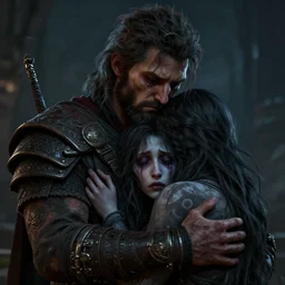 a depressed warrior hugging his wife's ghost, badass, love, rugged, tears, messy hair, beard, sadness, fantasy, extremely detailed, smooth, sharp focus, octane render, 3 d, unreal engine, by rossdraws, artgerm, franzzeta