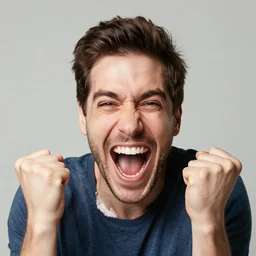 extremely happy, jubilant, ecstatic man, highly expressive, emotion, smiling wide, gleeful