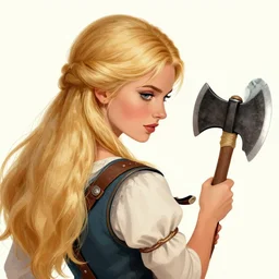an ultradetailed picture of blonde viking woman facing and holding a battleaxe, 1 9 8 0 s rom com style, viewed from behind and above, intricate, elegant, illustration, digital painting, burning village in the background, 8 k, fine detail, art by greg rutkowski, frank frazetta, jack kirby, albert aublet, frank herbert, and alphonse mucha