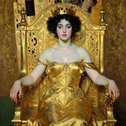 painting portrait of a beautiful black haired woman with pale skin and a crown on her head sitted on an intricate metal throne, intricate, elegant, digital painting, smooth, sharp focus, shiny gold, realistic gold, realistic metal, by william - adolphe bouguereau and gustav klimt,