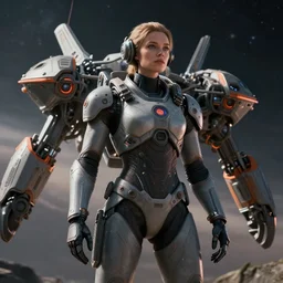 woman in the sci - fi heavy suite, deep space, gray and orange colours, landing gear, avatar, cinematic keyframe. by fausto de martini, wadim kashin. ultra realistic, cinematic light, ue 5, featured on artstation, octane render, sharp focus, ray tracing, artstationhq, cgsociety, cinematic 8 k.