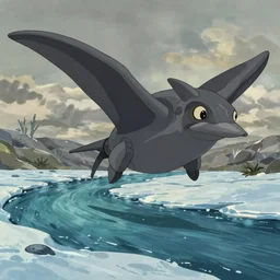 cell shaded cartoon of a giant mechanized grey manta ray from howl's moving castle ( 2 0 0 4 ), in an icy river, full body, wide shot, very muted colors, post grunge, studio ghibli, highly detailed, deviantart, art by artgem