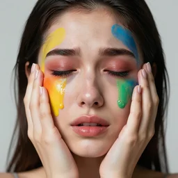 woman crying rainbow paint, photography, ultra realistic, highly detailed, symmetrical, 8 k