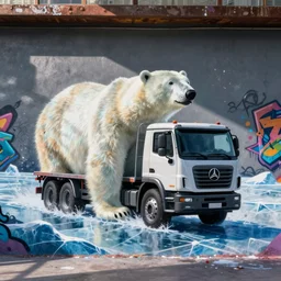 a graffiti on a wall showing a polar bear driving a truck on ice