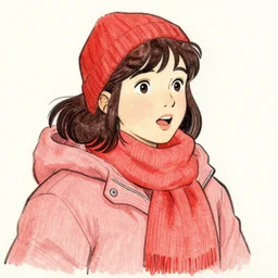 excited teenager girl wearing winter clothes, drawn by jean giraud and moebius, red tones, detailed drawing, flat colors