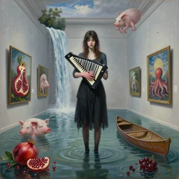 painting of a flooded london art gallery, a tall emo girl holding a vibraphone, paintings on the wall, pomegranates, waterfall,, pigs, octopus, canoe, berries, liminal space, sensual, surrealist, by magritte and monet