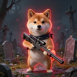 anthropomorphic shiba inu, holding sniper riffle skullknight, standing, cementary, scifi, 3 d render, masterpiece, red aura, by donato giancola and greg rutkowski and wayne barlow and zdzisław beksinski, realistic face