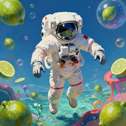 a digital painting of an astronaut!!!!!! floating in a bright colorful alien ocean surrounded by limes!!!!!!, sharp focus, retro futuristic by wayne barlowe, roger dean