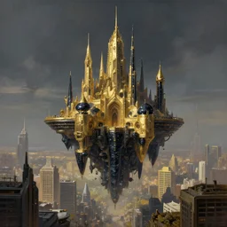 beautiful matte painting of a science fiction castle of onyx and gold floating above a thriving metropolis by Robert McCall