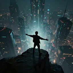 bird's eye view image of a silhouette of a man standing at the edge of a cliff with his arms open looking down at a cyberpunk utopia, cinematic lighting, dark lighting, high definition, 8 k, unreal engine, digital art, art station