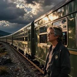 photograph of michael stipe driving a train