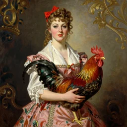 woman dressed in pin up style keeps in hands rooster by greg hildebrandt fancy rococo baroque regal oil painting high quality award winning clothed in fancy garb
