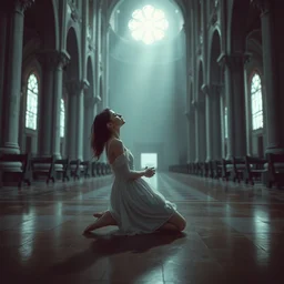 sideview! of a young woman on her knees! in an empty cathedral, wearing a white dress, sharp focus, high contrasts, full body, establishing shot, fantasy, digital art by greg rutkowski in the style of disco elysium, trending on artstation
