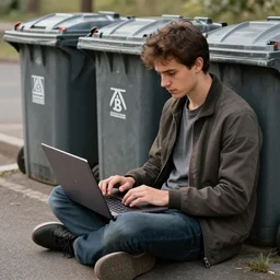 a bum using laptop near trashcans, highly detailed, intricate, sharp focus, digital art, 8 k