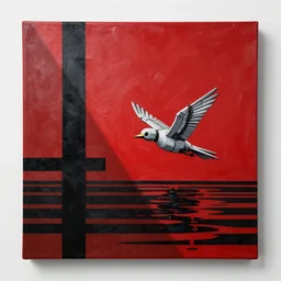 canvas coated with red paint, black stripes, robot bird flying out of water, matte paint, alberto seveso