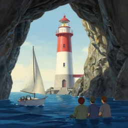 lighthouse in the cave, sail boat, andreas achenbach, artgerm, mikko lagerstedt, zack snyder, tokujin yoshioka