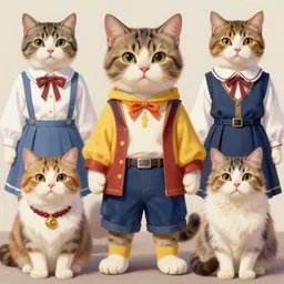 “ graphic, hyperreal, portraiture illustration of a anthropomorphic ragdoll cat in different cosplay clothes, digital painting ”