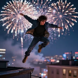 visually striking character jumping between rooftops in a cool fashion during new years fireworks, sharp focus, highly detailed, cgsociety, pixar