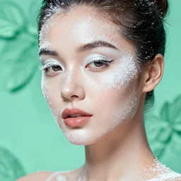 facial portrait of a sensual gelatin skin female humanoid, with white powder makeup, sugar crystals, mint background, deep focus, intricate, elegant, highly detailed, photo, 8 0 s, artstation, 8 k, sharp focus, subsurface scattering, global illumination, radiant