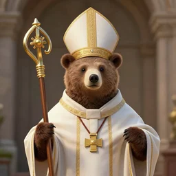 anthropomorphic bear wearing a mitre, miter, liturgical headdress, holding a crosier staff, crozier staff, ultra detailed, 8 k, trending on artstation, award - winning art,