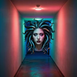 a hallway with colored lights at the end, the face of a medusa appears and heads straight for the camera, by kim jung gi