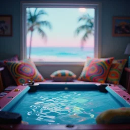 agfa vista 4 0 0 photograph of a cluttered 9 0 s checkered 1 9 6 7 synthwave pool with palm trees, waves ripple color light, synth vibe, window, bed, surrealistic pillow, blur, lsd color patterns, vaporwave colors, lens flare, moody lighting, telephoto, lsd vibe, blurry background, grain, tranquil, calm, lsd hallucinations