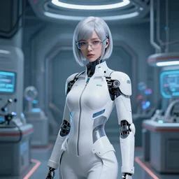 a scientist android girl with silver hair wearing white suit and glasses, inside a science facility, cyberpunk style by artgerm and wlop
