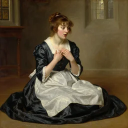 painting by Edmund Blair Leighton of a beautiful barmaid in old silky clothes sitting on the floor, looking at her hands with a surprised expression on her face, detailed face, touching her clothes, the interior of a medieval castle in the background, 4k oil on linen by Edmund Blair Leighton, highly detailed, soft lighting 8k resolution