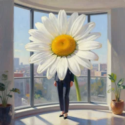 huge daisy flower as a head, woman in suit, standing in modern window in luxury apartment, surreal photography, sunlight, impressionist painting, digital painting, artstation, simon stalenhag