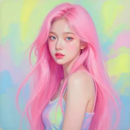 full body realistic, super detailed by pauline haynes a beautiful woman with long pink hair, adorable korean face, painting by noriyoshi ohrai and john berkey, vibrant neon pastel